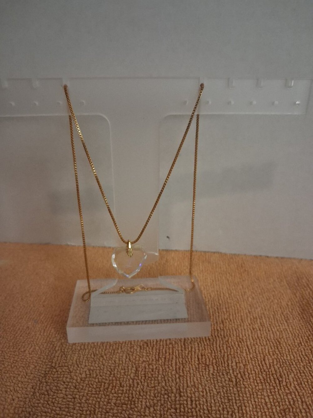 Vintage 1970s Faceted Crystal Heart Initial "L" Pendant Necklace Gold Tone Chain